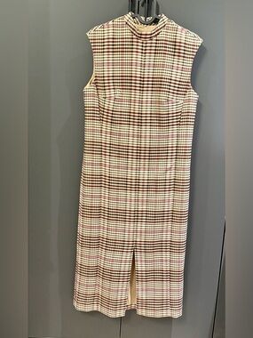 Ann Taylor Sleeveless Midi Dress in Cream, Brown and Pink Plaid